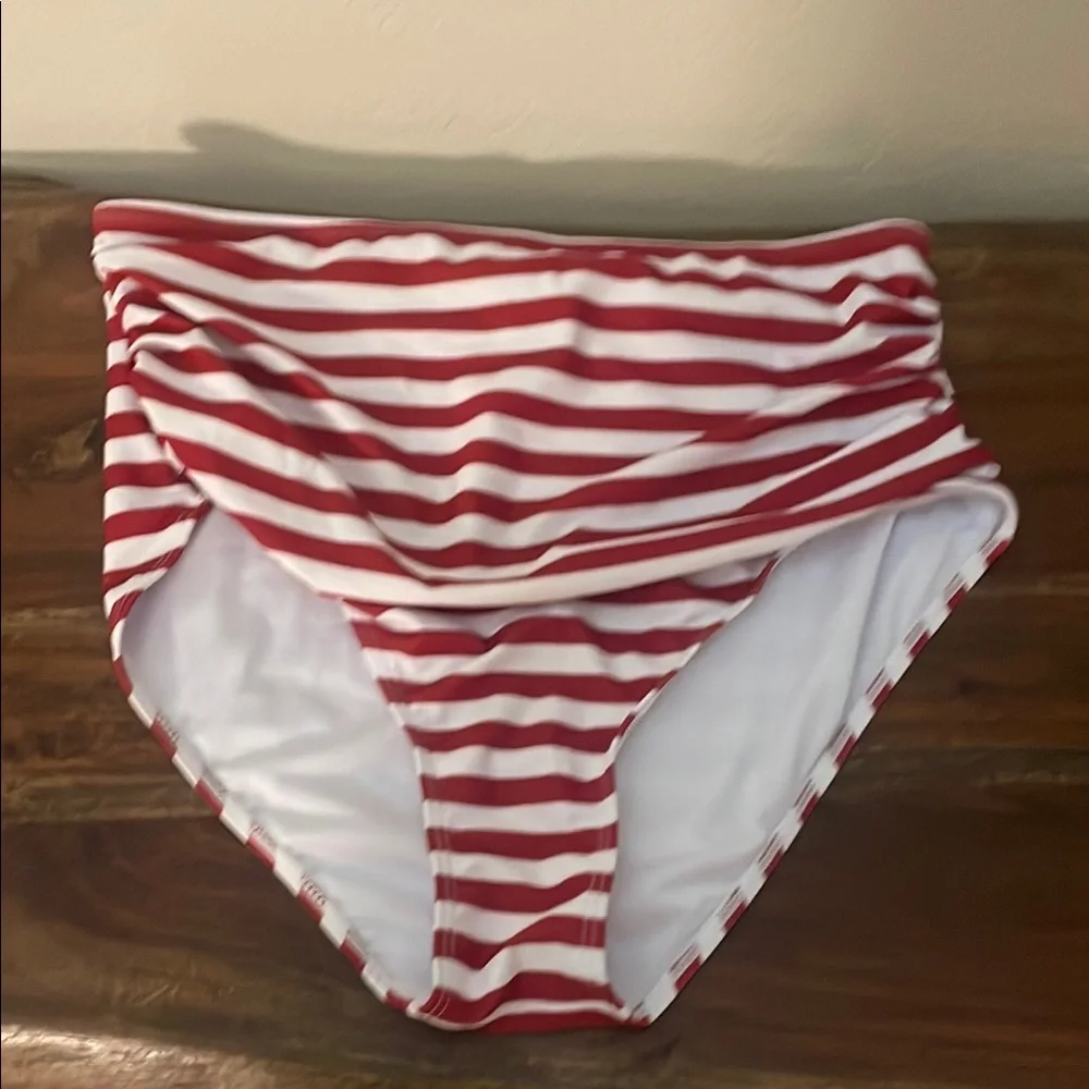 Holipick Red White Striped Ruched High Waist Bikini Bottom XL 16 NWOT